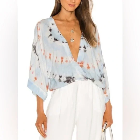 Young Fabulous & Broke Tia Top Blouse. Faux wrap. Light blue, lilac, grey. S-M - Picture 2 of 11